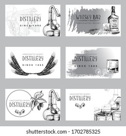 Set of business card templates for the whisky related businesses. Sketch style drawing isolated on white background. EPS10 vector illustration