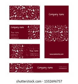 Set of Business card templates.  Wine party Beaujolais Nouveau event in France and the whole world. Hand drawn Sketch doodle vector pattern with cheese, wine glasses, bottles, grapes and bread. 