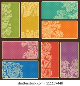 Set of business cards with abstract floral pattern and background with polka dots in bright colors