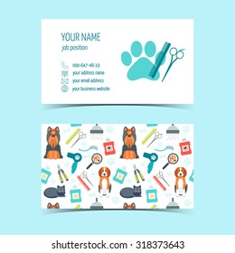 Set of business cards for animal grooming. Promotional products. Flat design. Vector illustration