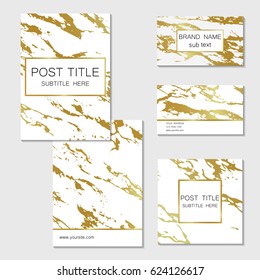 Set of business cards, banner and cover with marble texture and golden foil details on white background. Branding and identity graphic design vector template kit 