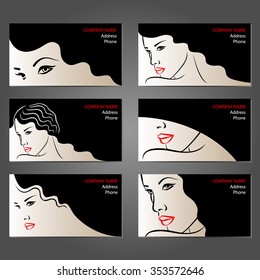 Set  of business cards for beauty salons, make-up artists, hairdressers and stylists. Background with beautiful woman faces.