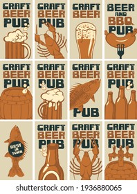 Set of business cards for the beer pub. Advertising banners on the theme of craft beer and snacks from seafood with inscriptions in grunge style. Flat vector illustrations