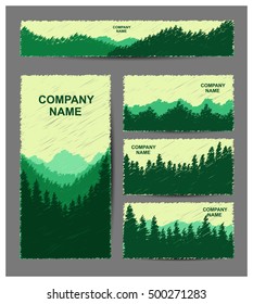 Set of business cards, booklets and background for website. Green and yellow tones. Scribble style.