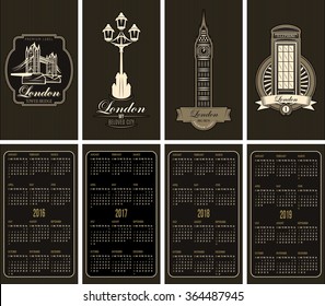 set of business cards with a calendar grid, and sights of London for business meetings