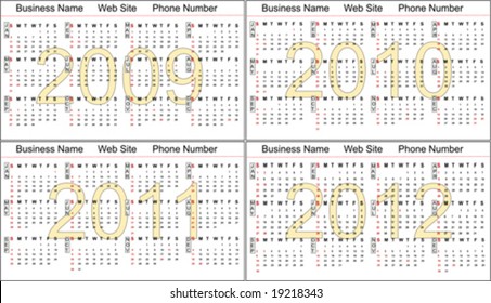 Set of business cards with calendars for years 2009 to 2012