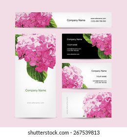 Set of business cards design with hydrangea flower, vector illustration