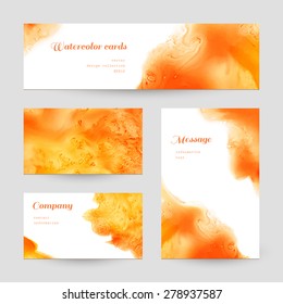 Set of business cards and design templates painted with yellow watercolor splashes, vector illustration