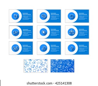 Set of business cards for doctors of different specialties and two different back side patterns isolated on white