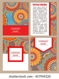 Set of business cards. Elegant ornate background with mandala ornament for invitations, greeting card, menu.Vintage pattern in retro style. Hand drawn Islam, Arabic, Indian, ottoman pattern.
