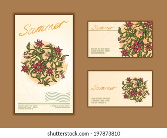 Set of business cards with floral design.