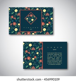 Set of business cards with floral pattern. Vintage card templates. Bright colors spring flowers on dark background. Vector illustration. 