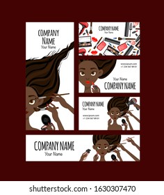 Set of business cards and flyers with a dark-skinned girl who is doing makeup. Cartoon style. Vector illustration