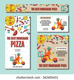 Set of  business cards or flyers with an image of ingredients for pizza and fun cat on the scooter as a pizza delivery vehicles.Vector illustration Fast-food business, pizza or other menu. 