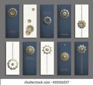 Set of business cards with gold 3d emblems. Elegant abstract composition, creative round shape icon, vertical flyer, banner in golden, navy blue and white tones. Vector EPS10.  Easy to use and edit.