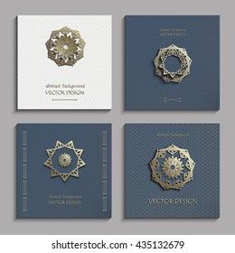 Set of business cards with gold 3d emblems. Elegant abstract composition, creative round shape icon, vertical flyer, banner in golden, navy blue and white tones. Vector EPS10. Easy to use and edit. 