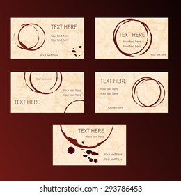 Set of business cards with grungy circle wine stains, elements, spots and place for your text. Vector.
