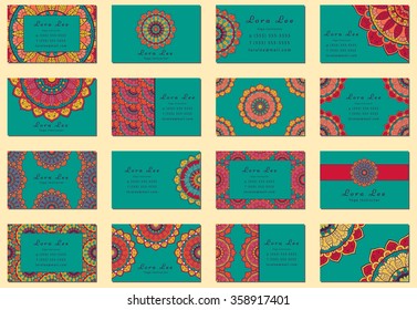 Set of business cards with hand drawn tribal ornament. Mandala design for greeting, invitation card, or cover. Vector illustration.