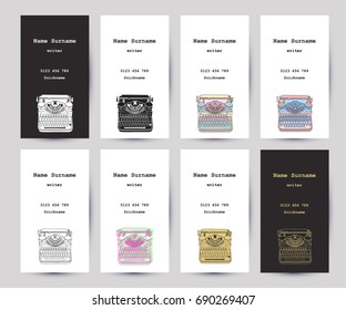 Set of business cards with hand drawn vintage typewriter, for writers, screenwriters, editors and other creative people. Vector templates