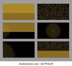 Set of business cards or invitation templates  on abstract background. Decorative ornamental style. Business cards with gold elements on the dark background. Vector illustration.