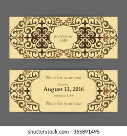 Set of business cards, invitations, and cards templates with lace ornaments. Vector background. Kazakh, Asian motifs. Vintage design elements. Wedding or save the date hand drawn background.