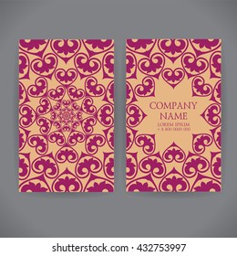 Set of business cards, invitations, and cards templates with lace ornaments. Vector background. Kazakh, Asian motifs. Vintage design elements. Wedding or save the date hand drawn background.