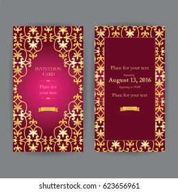 Set of business cards, invitations, and cards templates with lace ornaments. Vector background.  Asian, oriental patterns. Vintage design elements. Wedding or save the date hand drawn background.