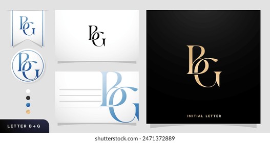 a set of business cards with the letter BG Luxury Initial Letters B and G Logos Designs in Blue Colors for branding ads campaigns, letterpress, embroidery, covering invitations, envelope signs symbols