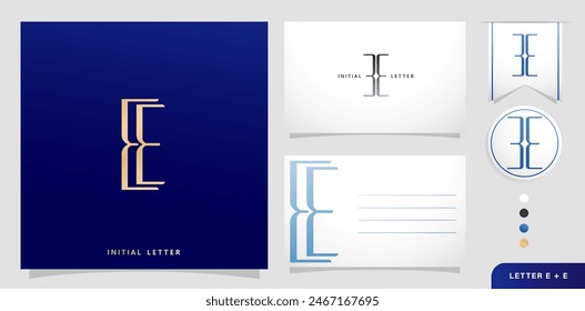 a set of business cards with the letter EE Luxury Initials Letters E and E Logos Designs in Blue Colors for branding ads campaigns, letterpress, embroidery, covering invitations, envelope sign symbols