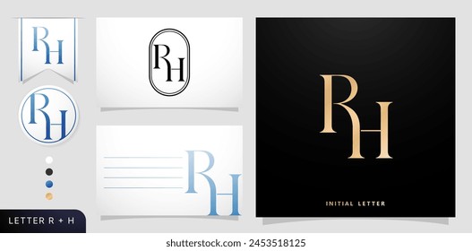 a set of business cards with the letter RH, Luxury Initial Letters R and H Logos Designs in Blue Colors for branding ads campaigns, letterpress, embroidery, covering invitations, envelope sign symbols