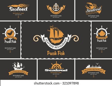 set of business cards with logos on the theme of seafood