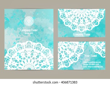 Set business cards  with mandala. Watercolor  blue backgrounds with white ornament. Water pattern. Design for cards, invitations,  flyers, banners. Free place for your text. Vector illustration