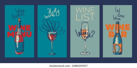 Set of business cards and menu covers for wine bar, sketch style vector illustration