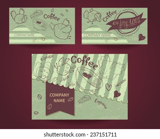Set of business cards on coffee house, coffee shops, restaurants, cafes and caffeine. Vector illustration
