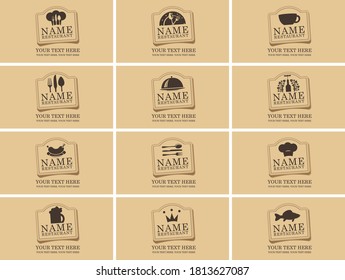 Juego de tarjetas de visita sobre el tema de la comida y bebida para restaurante, cafetería, cafetería, bar. Plantillas de tarjetas visitadoras vectoras con logotipo y lugar para texto en el fondo beige