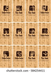 set of business cards on the theme of tea and coffee on the background texture of wooden boards