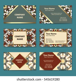 Set of business cards with ornament in vintage style. The front and back. Vector illustration.