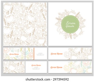 Set of business cards, pattern, banners design with tomatoes and herbs
