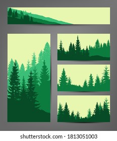 Set of business cards. Pine forest. Green and yellow tones.