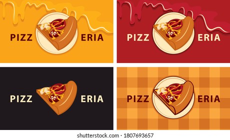 A set of business cards for a pizzeria or a pizza house. Vector illustration with a delicious slice of pizza on various backgrounds, suitable for menu cover, flyer, advertising banner