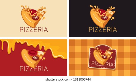 A set of business cards for a pizzeria or a pizza house. Vector illustration with a delicious fresh slice of pizza on various backgrounds, suitable for menu, cover, flyer, banner, advertising