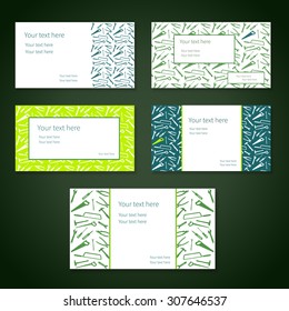 Set of business cards with plain working tools and place for your text. Vector. Colors - white, green and blue.