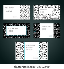 Set of business cards with plane working tools and place for your text. Vector. Three colors - white, black and blue.