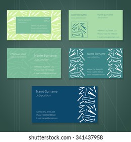 Set of business cards with plane working tools and place for your text. Vector. Colors - white, green and blue.