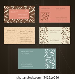 Set of business cards with plane working tools and place for your text. Vector. Colors - white, brown, pink, yellow and blue.