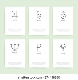 Set of business cards with planetary icon symbols. Astrology, zodiac, hipster style design. Banners, promotion