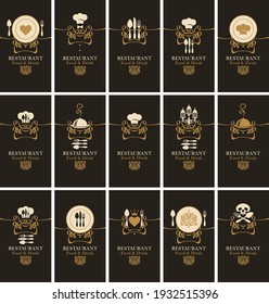 Set of business cards for restaurant or cafe. Black vector visiting cards with icons on the theme of food and drink and place for text in retro style