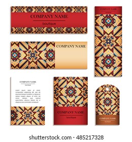 Set of business cards. Template of cover design color mosaic pattern. Colored vector illustration for corporate identity, individual cards, form style.