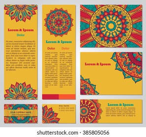 Set Of Business Cards Templates With Oriental Ornament. Vector Background. Indian, Arabic, Islam Motifs. Vintage Design Elements. Mandala And Seamless Border Decorative Elements