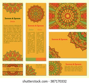 Set of business cards templates with oriental ornament. Vector background. Indian, Arabic, Islam motifs. Vintage design elements. Mandala and seamless border decorative elements